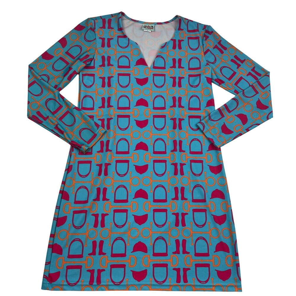 Hayley & The Hound Equestrian Print Long Sleeve Shift Dress Women's Size Small